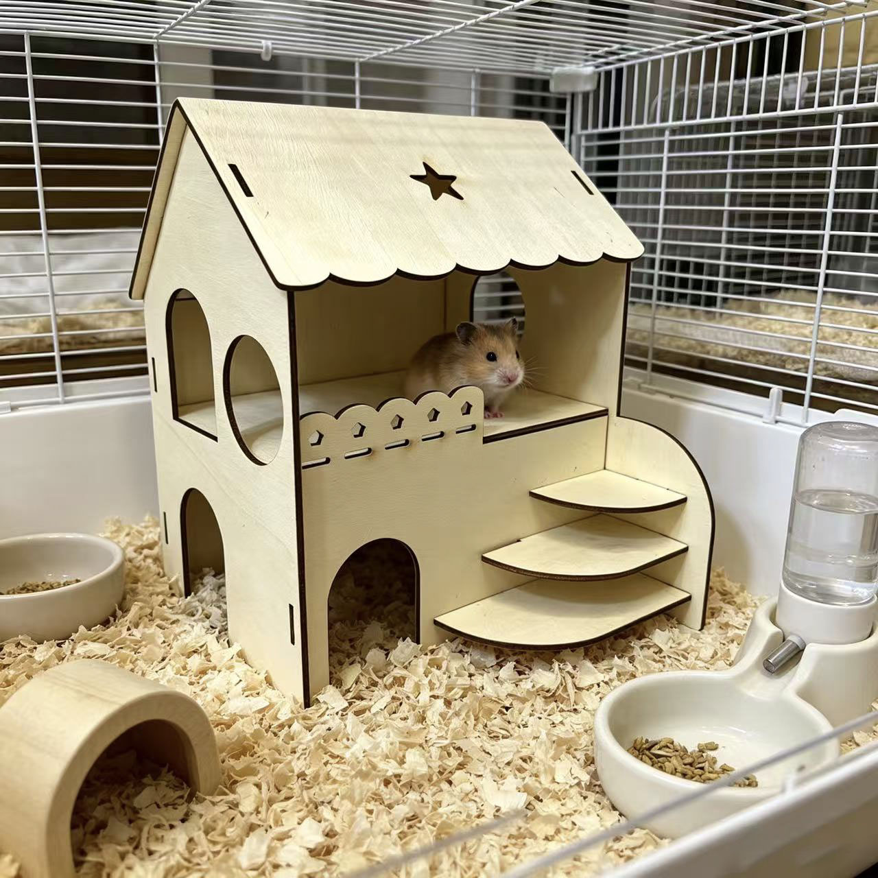 Interior Design Gold - Hamster Two-Story Wooden House with Stairs,