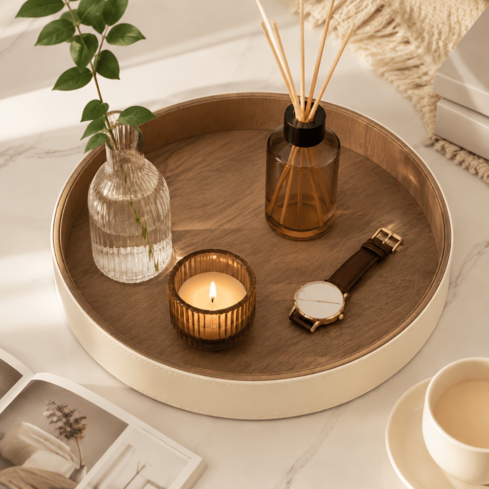 Travertine Tray Oval - Circular Tray PU Leather Storage Disc,
