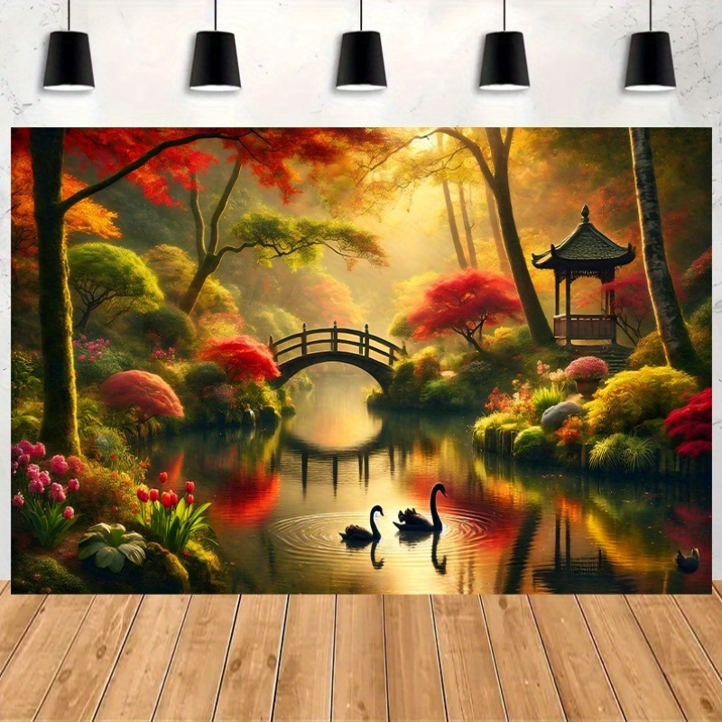 Autumn Garden Bridge Swans Wal - Interior Design With Wallpaper review and price